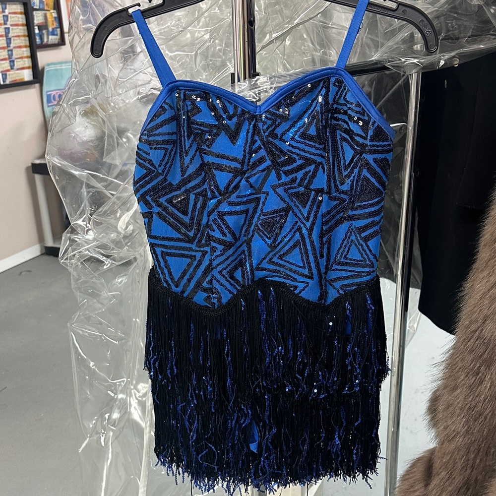 Blue and Black Geometric Fringe Dress